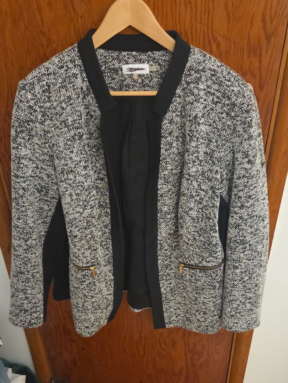 Calvin Klein Black and White Tweed Open-Front Blazer with Gold Zippers